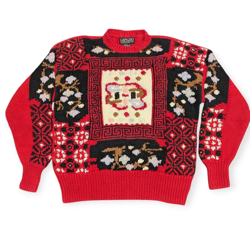 Vintage Capezio Handknits Red Black Embroidered Grandma Cottagecore Sweater Size